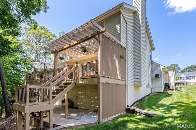 14 Greystoke Ct, Ballwin, MO 63021 - rear view of house featuring a pergola, a chimney, a yard, stairs, and a deck