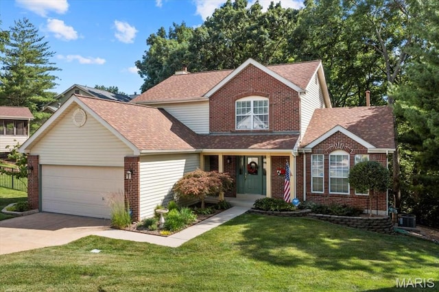 14 Greystoke Ct, Ballwin, MO 63021 - traditional-style home featuring brick siding, a garage, concrete driveway, a front lawn, and a shingled roof