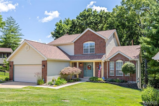 14 Greystoke Ct, Ballwin, MO 63021 - traditional-style house featuring brick siding, a garage, a front yard, and a shingled roof