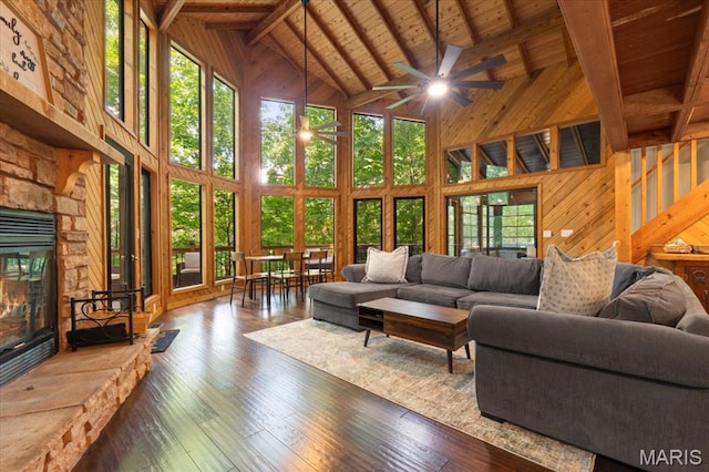 2506 Alpine Woods Dr, Wright City, MO 63390 - living room with high vaulted ceiling, a wooden ceiling with exposed beams, ceiling fan, wood-type flooring, and wood walls