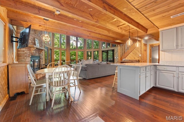 2506 Alpine Woods Dr, Wright City, MO 63390 - dining space featuring dark wood finished floors, a wood ceiling with exposed beams, wood walls, and a fireplace