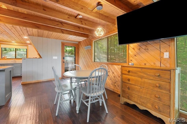 2506 Alpine Woods Dr, Wright City, MO 63390 - dining room with healthy amount of natural light, dark wood-style floors, a wood ceiling with exposed beams, and wooden walls