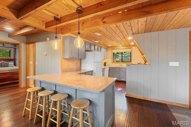 2506 Alpine Woods Dr, Wright City, MO 63390 - kitchen with white appliances, a wooden ceiling with exposed beams, a peninsula, gray cabinetry, and dark wood-type flooring