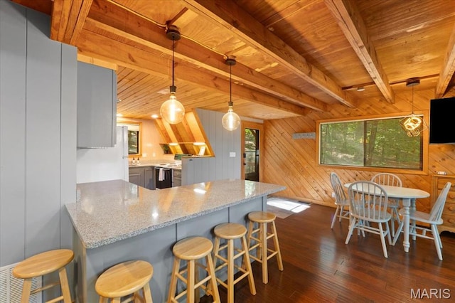 2506 Alpine Woods Dr, Wright City, MO 63390 - kitchen with dark wood-type flooring, a wood ceiling with exposed beams, light stone countertops, wooden walls, and electric stove