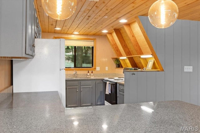 2506 Alpine Woods Dr, Wright City, MO 63390 - kitchen featuring white appliances, gray cabinets, and wooden ceiling