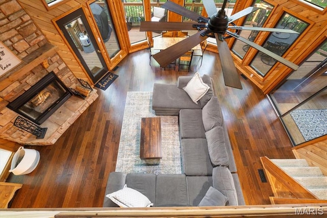 2506 Alpine Woods Dr, Wright City, MO 63390 - living area featuring hardwood / wood-style floors, ceiling fan, and stairs