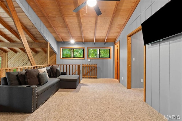 2506 Alpine Woods Dr, Wright City, MO 63390 - carpeted living room with ceiling fan, a wood ceiling with exposed beams, and wood walls