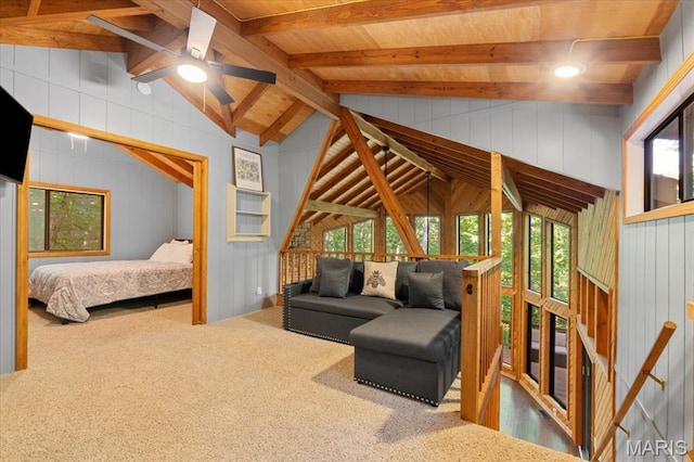2506 Alpine Woods Dr, Wright City, MO 63390 - living area with carpet, healthy amount of natural light, ceiling fan, wood walls, and wooden ceiling