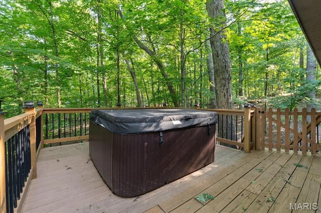 2506 Alpine Woods Dr, Wright City, MO 63390 - wooden deck featuring a hot tub and a view of trees