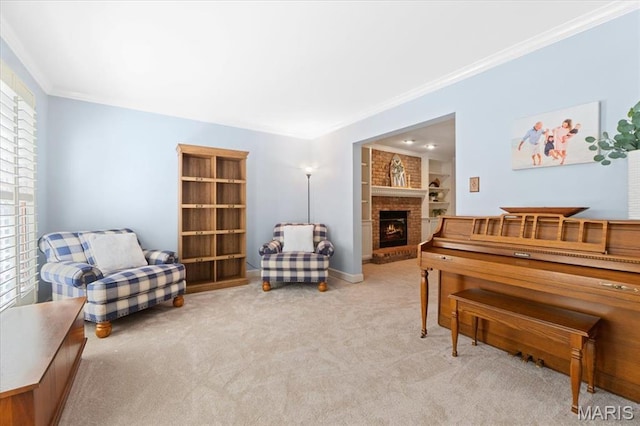 1008 Westrun Dr, Ballwin, MO 63021 - carpeted living room with ornamental molding, a brick fireplace, and built in shelves