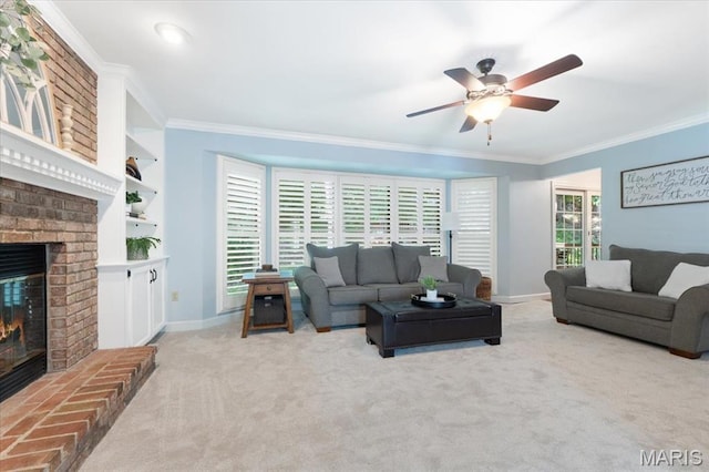 1008 Westrun Dr, Ballwin, MO 63021 - carpeted living room with a ceiling fan, a fireplace, and ornamental molding