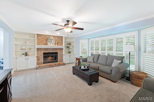 1008 Westrun Dr, Ballwin, MO 63021 - carpeted living room featuring ornamental molding, a ceiling fan, built in features, and a brick fireplace