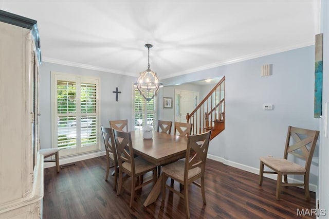1008 Westrun Dr, Ballwin, MO 63021 - dining area featuring a chandelier, dark wood-style flooring, ornamental molding, and stairs