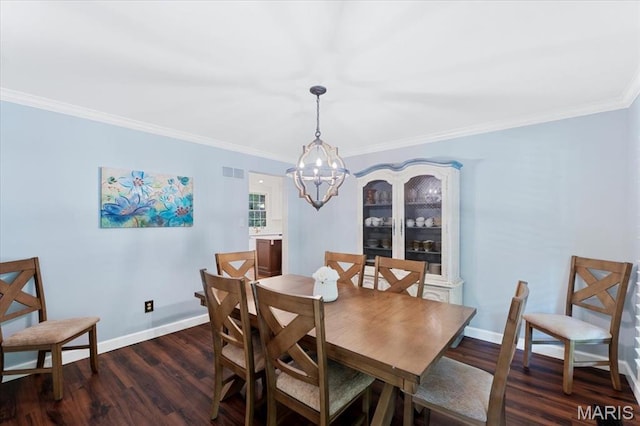 1008 Westrun Dr, Ballwin, MO 63021 - dining area with a chandelier, dark wood-style floors, and ornamental molding