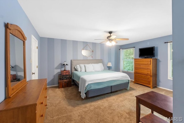 1008 Westrun Dr, Ballwin, MO 63021 - bedroom with carpet flooring, wallpapered walls, and ceiling fan