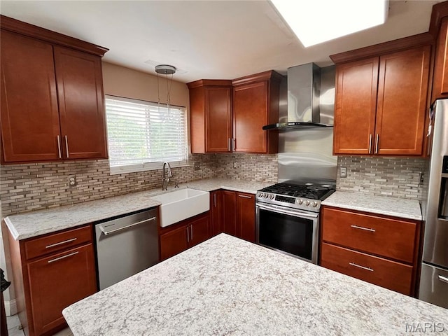 3241 Principia Ave, Saint Charles, MO 63301 - kitchen featuring wall chimney exhaust hood, stainless steel appliances, backsplash, and pendant lighting