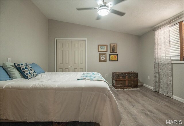 116 Buttry Ln, Wappapello, MO 63966 - bedroom with wood finished floors, a closet, vaulted ceiling, and a ceiling fan