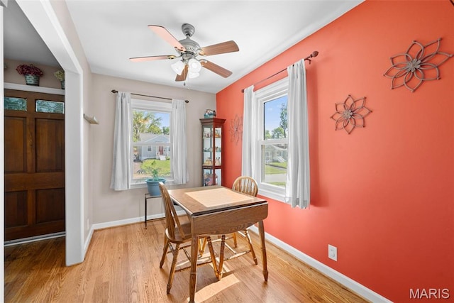 10256 Saint Dennis Ln, Saint Ann, MO 63074 - dining area with light wood-style flooring, a ceiling fan, and a desk