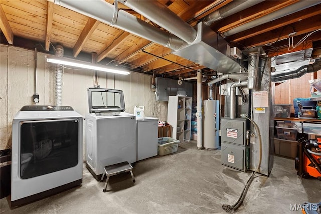 10256 Saint Dennis Ln, Saint Ann, MO 63074 - unfinished basement featuring washer and dryer, water heater, electric panel, and heating unit