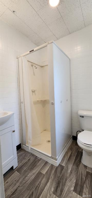 115 N 5th St, De Soto, MO 63020 - full bathroom with wood finished floors, a shower stall, and vanity