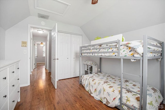 5 N Willow Grove Ct, Saint Peters, MO 63376 - bedroom with lofted ceiling, wood finished floors, attic access, and a closet