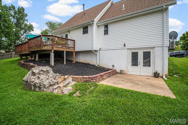 5 N Willow Grove Ct, Saint Peters, MO 63376 - back of house featuring a deck, a lawn, a shingled roof, and french doors