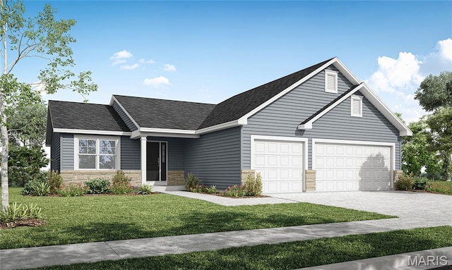 198 Cynthia Dr, Truesdale, MO 63380 - view of front facade with stone siding, a front yard, an attached garage, and concrete driveway