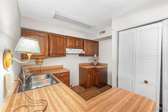1514 Summer Run Dr Unit 208, Florissant, MO 63033 - kitchen featuring under cabinet range hood, brown cabinets, and butcher block counters