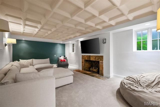 20 Ridgemoor Dr, Clayton, MO 63105 - living area featuring carpet flooring, coffered ceiling, a tile fireplace, and beam ceiling