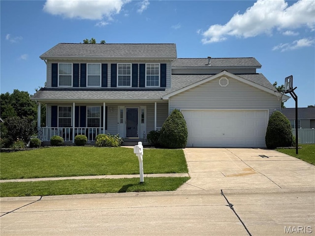 3924 Cambridge Crossing Dr, Saint Charles, MO 63304 - view of front of house featuring a garage, driveway, a front lawn, a porch, and roof with shingles