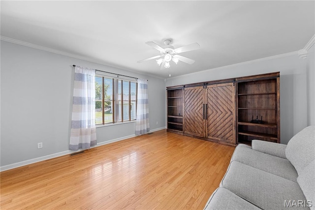 3924 Cambridge Crossing Dr, Saint Charles, MO 63304 - living area featuring light wood-style floors, ornamental molding, and ceiling fan