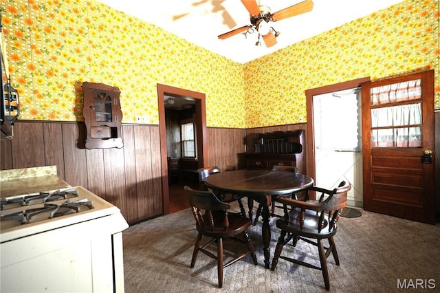 114 W 2nd St S, Mount Olive, IL 62069 - carpeted dining room with wainscoting, wallpapered walls, a ceiling fan, and wooden walls