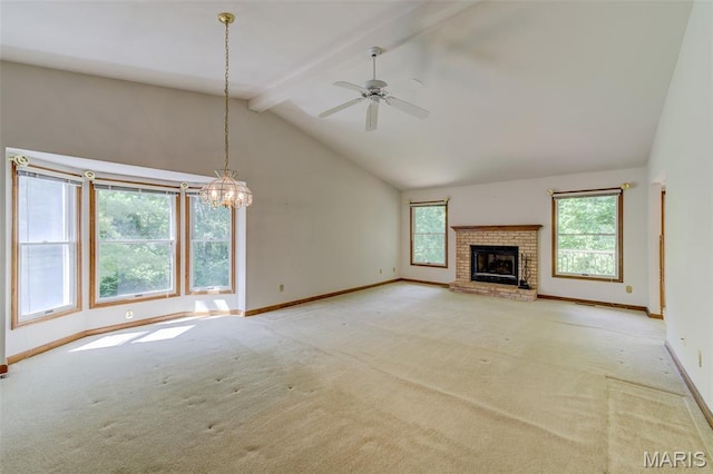 3004 Oakmont Ct Unit 15C, Saint Charles, MO 63301 - unfurnished living room with healthy amount of natural light, carpet floors, a ceiling fan, and a fireplace