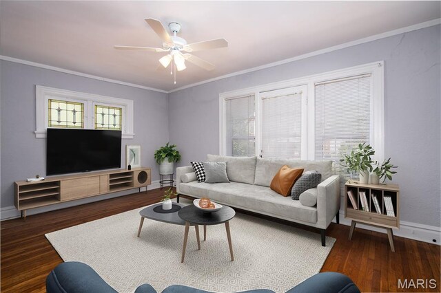 6162 W Park Ave, Saint Louis, MO 63139 - living area with ornamental molding, ceiling fan, and wood finished floors