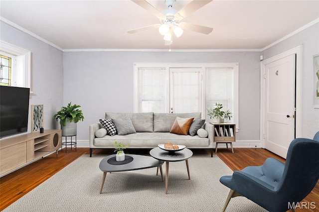 6162 W Park Ave, Saint Louis, MO 63139 - living area with ornamental molding, wood finished floors, and a ceiling fan