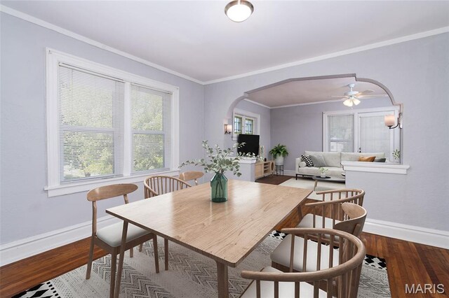 6162 W Park Ave, Saint Louis, MO 63139 - dining area featuring plenty of natural light, wood finished floors, arched walkways, a ceiling fan, and ornamental molding