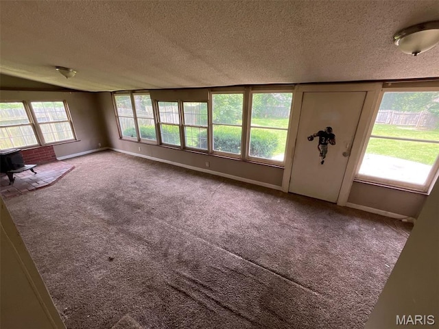 205 E Northview Ave, Wentzville, MO 63385 - unfurnished living room with a textured ceiling, carpet, and a wood stove