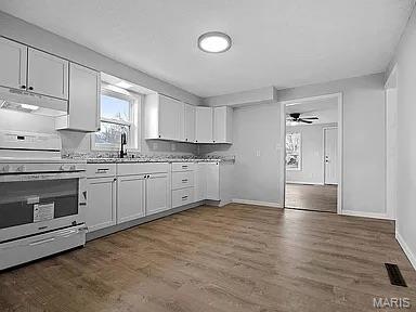 1412 N Olive St, Mexico, MO 65265 - kitchen featuring stainless steel electric range oven, under cabinet range hood, wood finished floors, white cabinets, and a ceiling fan