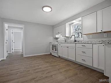 1412 N Olive St, Mexico, MO 65265 - kitchen featuring stainless steel range oven, dark wood-style flooring, white cabinetry, and light stone counters