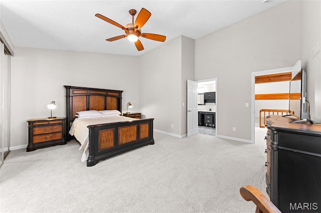856 Hemingway Ln Unit D, Weldon Spring, MO 63304 - bedroom with light colored carpet, high vaulted ceiling, connected bathroom, and ceiling fan
