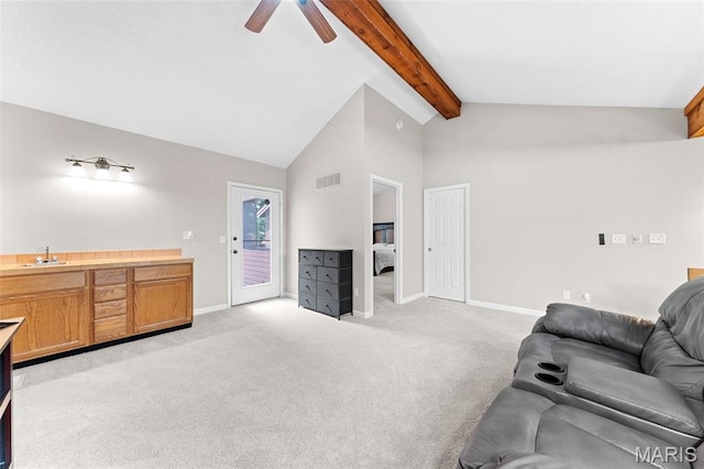 856 Hemingway Ln Unit D, Weldon Spring, MO 63304 - living area with beam ceiling, light colored carpet, ceiling fan, and high vaulted ceiling
