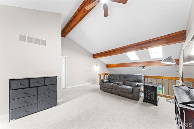 856 Hemingway Ln Unit D, Weldon Spring, MO 63304 - living room featuring a ceiling fan, a skylight, and carpet floors