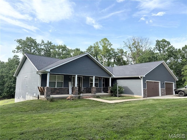 22115 Royce Ln, Waynesville, MO 65583 - view of front of home with a porch, stone siding, a garage, a front lawn, and concrete driveway