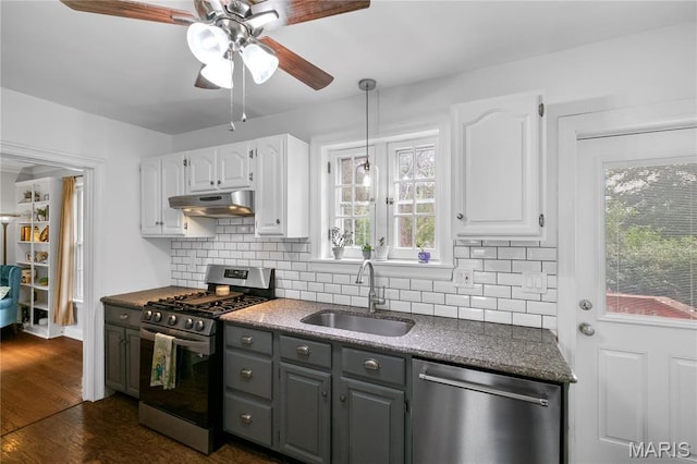 1000 Diversey Dr, Crestwood, MO 63126 - kitchen featuring appliances with stainless steel finishes, under cabinet range hood, a ceiling fan, white cabinetry, and gray cabinets