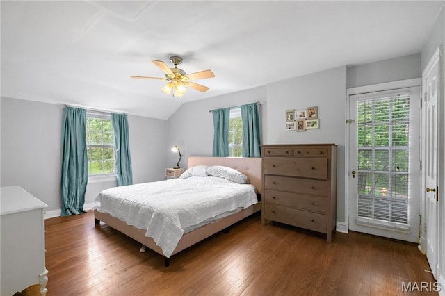 1000 Diversey Dr, Crestwood, MO 63126 - bedroom featuring access to outside, wood finished floors, lofted ceiling, and a ceiling fan