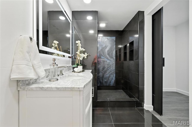 9441 Ridge Ave, Overland, MO 63114 - full bath with vanity, walk in shower, tile patterned floors, and recessed lighting