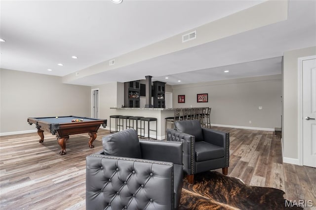 3516 Hawthorne Ridge Dr, Eureka, MO 63025 - recreation room featuring billiards, wood finished floors, recessed lighting, and bar