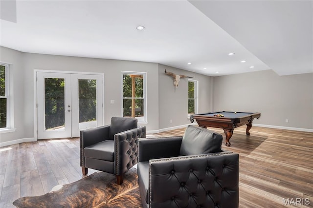 3516 Hawthorne Ridge Dr, Eureka, MO 63025 - recreation room with billiards, light wood-style floors, recessed lighting, and french doors