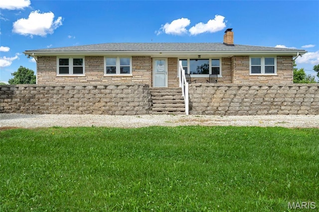 5701 State Road P, De Soto, MO 63020 - ranch-style house featuring a chimney, a front yard, and stone siding