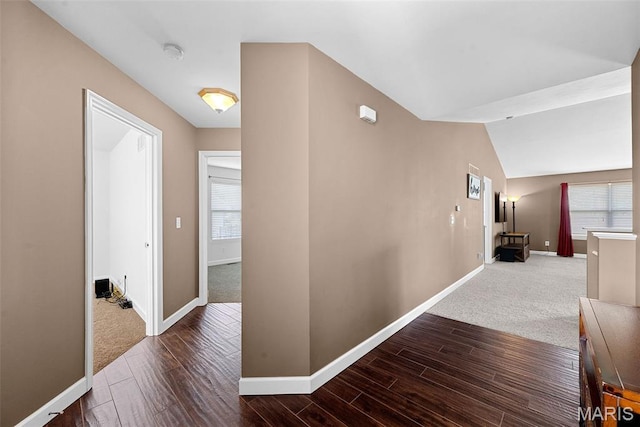107 Piety Dr, Lake St Louis, MO 63367 - corridor featuring wood finished floors, carpet flooring, and lofted ceiling